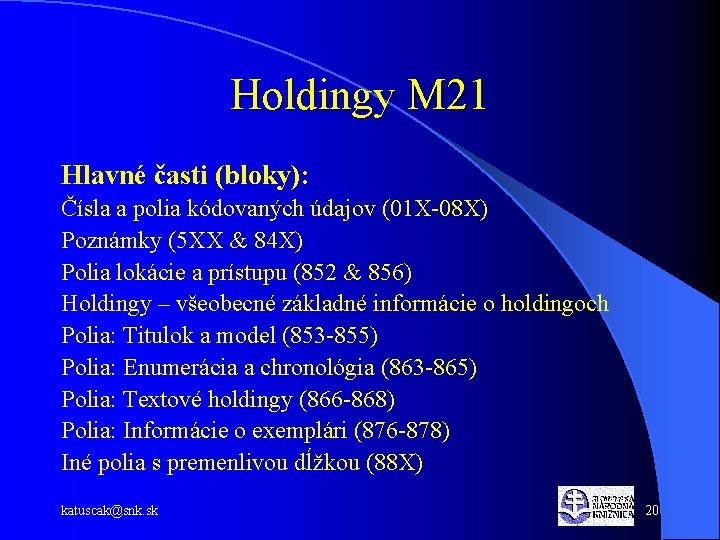 Holdingy M 21 Hlavné časti (bloky): Čísla a polia kódovaných údajov (01 X-08 X)