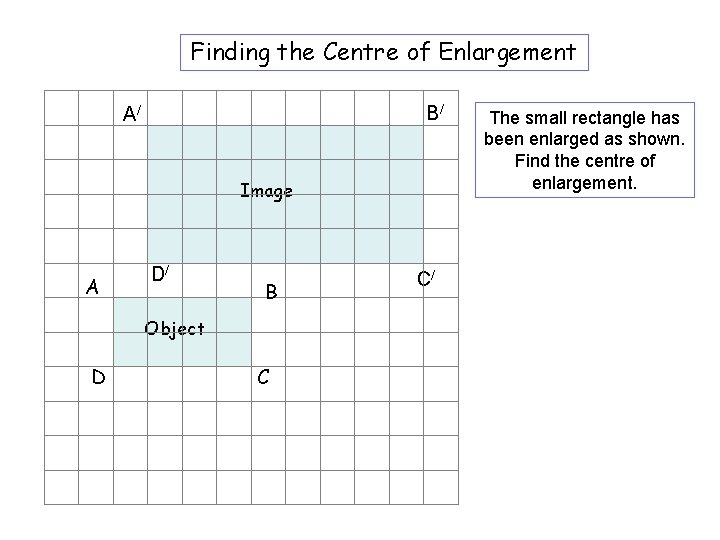 Finding the Centre of Enlargement B/ A/ Image A D/ B The small rectangle
