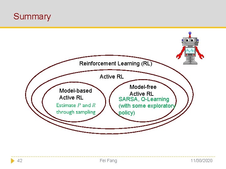 Summary Reinforcement Learning (RL) Active RL Model-free Active RL SARSA, Q-Learning (with some exploratory