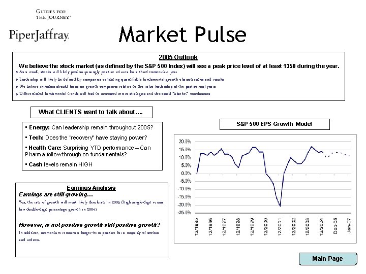 Market Pulse 2005 Outlook We believe the stock market (as defined by the S&P