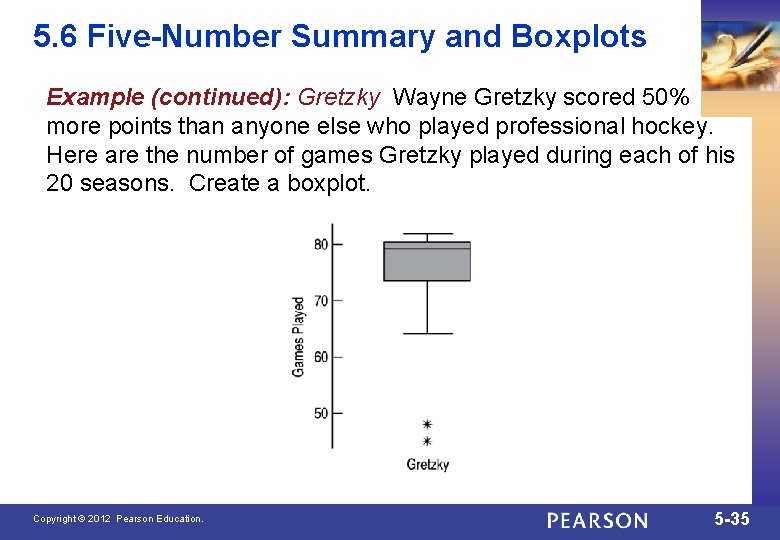5. 6 Five-Number Summary and Boxplots Example (continued): Gretzky Wayne Gretzky scored 50% more