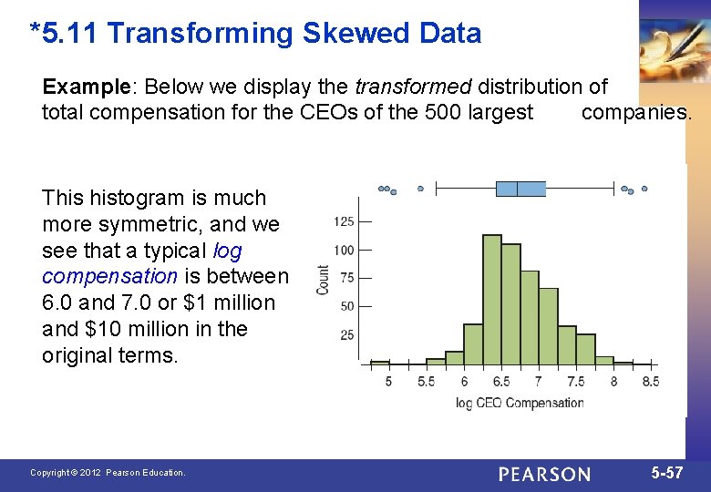 *5. 11 Transforming Skewed Data Example: Below we display the transformed distribution of total