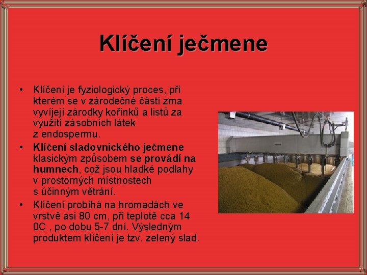 Klíčení ječmene • Klíčení je fyziologický proces, při kterém se v zárodečné části zrna