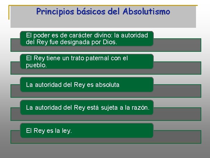 Principios básicos del Absolutismo El poder es de carácter divino: la autoridad del Rey