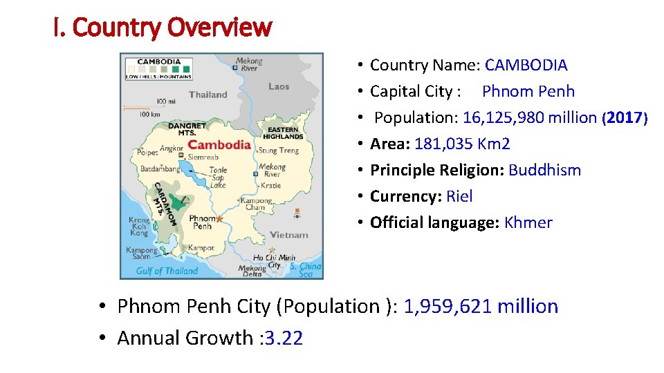 I. Country Overview • • Country Name: CAMBODIA Capital City : Phnom Penh Population: