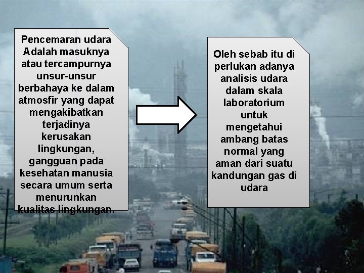 Pencemaran udara Adalah masuknya atau tercampurnya unsur-unsur berbahaya ke dalam atmosfir yang dapat mengakibatkan