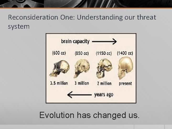 Reconsideration One: Understanding our threat system Evolution has changed us. 