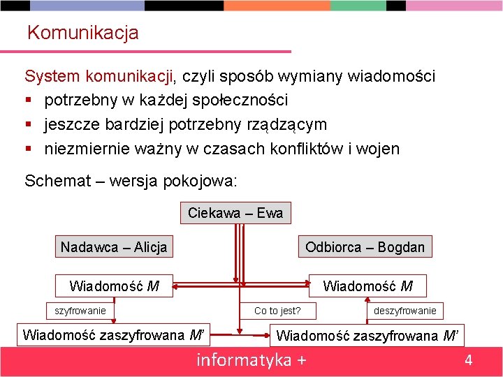 Komunikacja System komunikacji, czyli sposób wymiany wiadomości § potrzebny w każdej społeczności § jeszcze