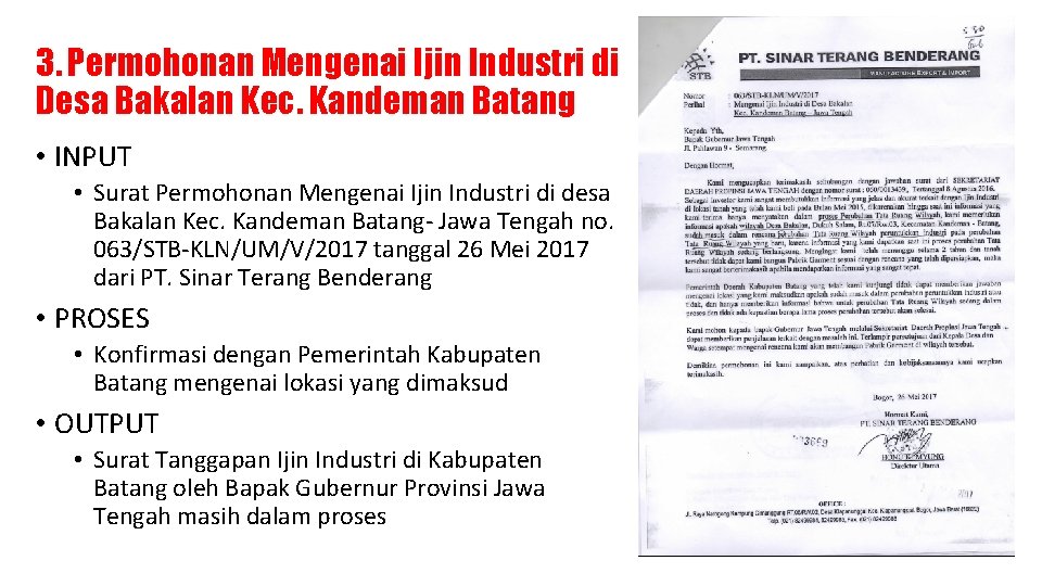 3. Permohonan Mengenai Ijin Industri di Desa Bakalan Kec. Kandeman Batang • INPUT •