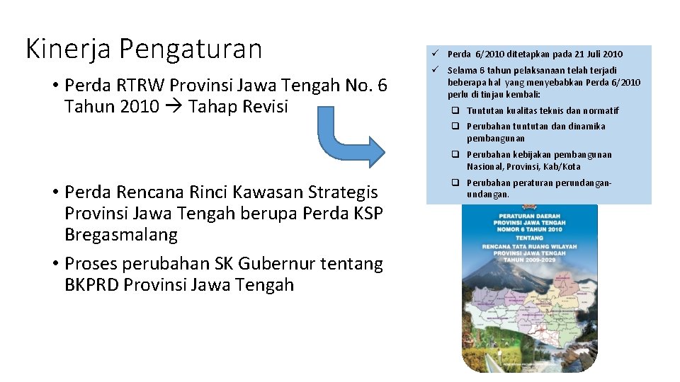 Kinerja Pengaturan • Perda RTRW Provinsi Jawa Tengah No. 6 Tahun 2010 Tahap Revisi