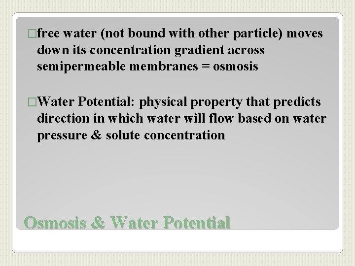 �free water (not bound with other particle) moves down its concentration gradient across semipermeable