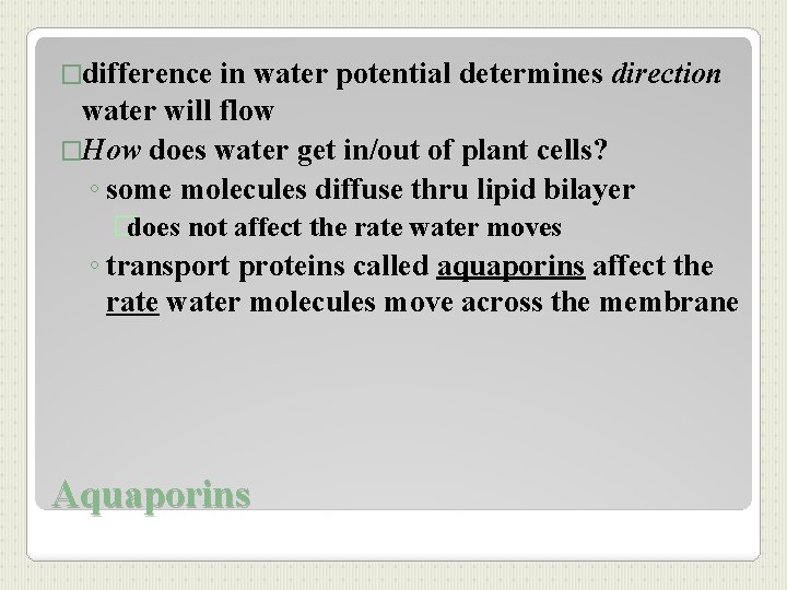 �difference in water potential determines direction water will flow �How does water get in/out