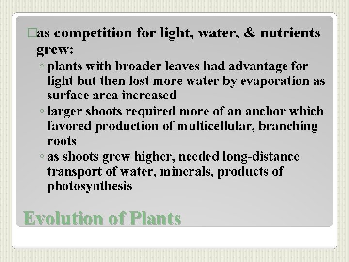 �as competition for light, water, & nutrients grew: ◦ plants with broader leaves had