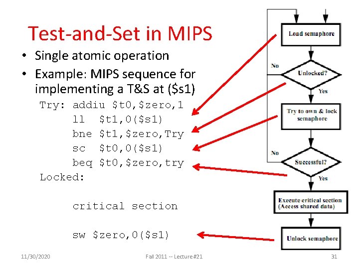 Test-and-Set in MIPS • Single atomic operation • Example: MIPS sequence for implementing a