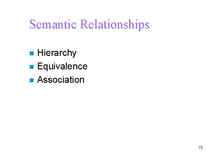 Semantic Relationships n n n Hierarchy Equivalence Association 15 