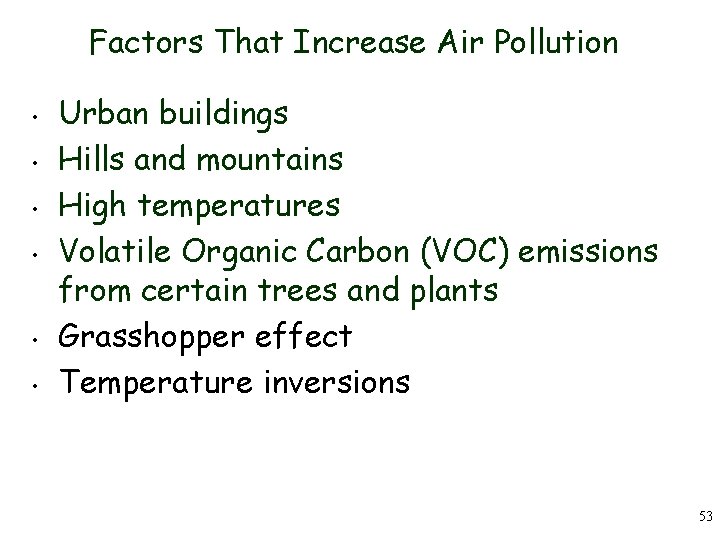 Factors That Increase Air Pollution • • • Urban buildings Hills and mountains High