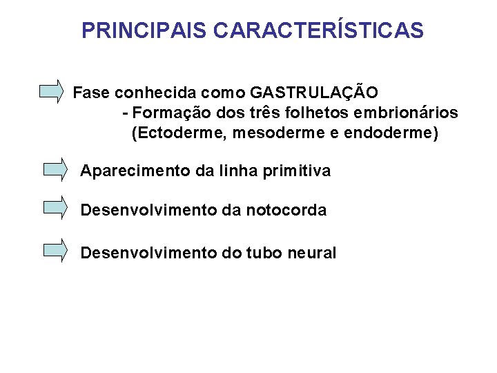 PRINCIPAIS CARACTERÍSTICAS Fase conhecida como GASTRULAÇÃO - Formação dos três folhetos embrionários (Ectoderme, mesoderme