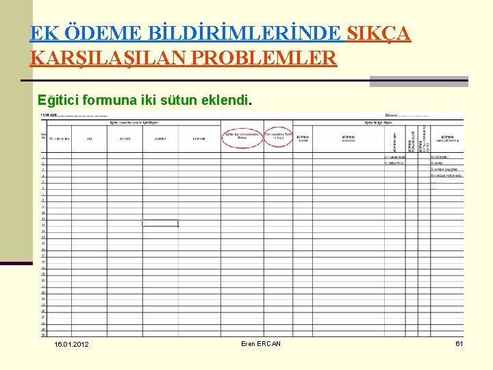 EK ÖDEME BİLDİRİMLERİNDE SIKÇA KARŞILAN PROBLEMLER Eğitici formuna iki sütun eklendi. 16. 01. 2012