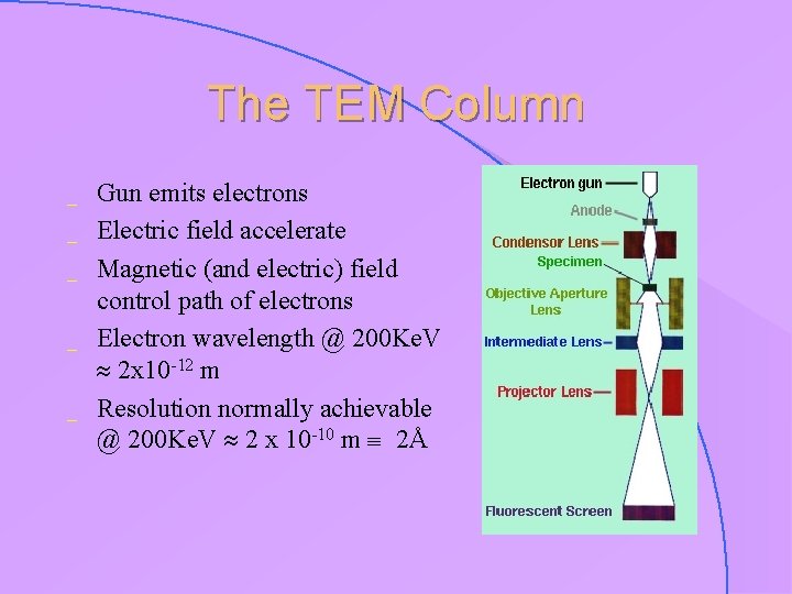 The TEM Column _ _ _ Gun emits electrons Electric field accelerate Magnetic (and