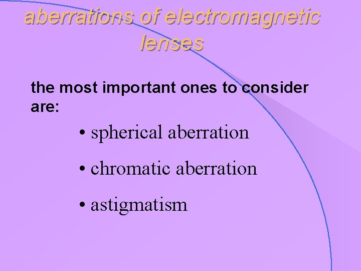 aberrations of electromagnetic lenses the most important ones to consider are: • spherical aberration