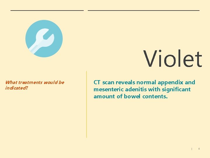 Violet What treatments would be indicated? CT scan reveals normal appendix and mesenteric adenitis