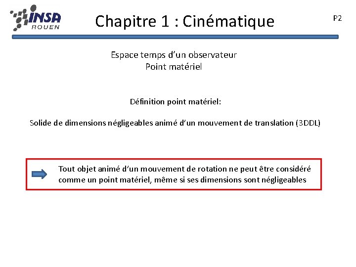 Chapitre 1 : Cinématique Espace temps d’un observateur Point matériel Définition point matériel: Solide