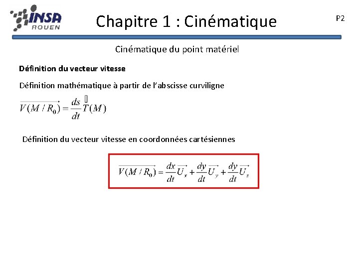 Chapitre 1 : Cinématique du point matériel Définition du vecteur vitesse Définition mathématique à