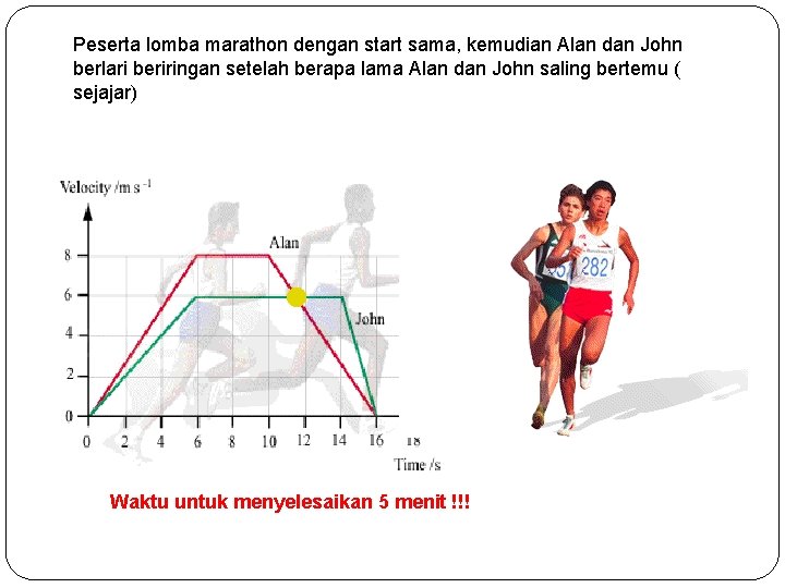 Peserta lomba marathon dengan start sama, kemudian Alan dan John berlari beriringan setelah berapa