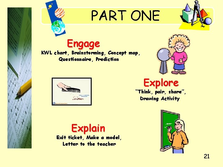 PART ONE Engage KWL chart, Brainstorming, Concept map, Questionnaire, Prediction Explore “Think, pair, share”,