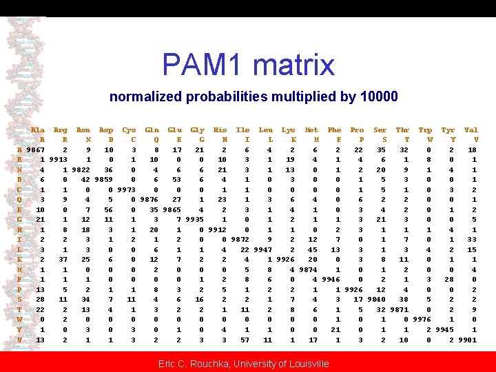 PAM 1 matrix normalized probabilities multiplied by 10000 A R N D C Q