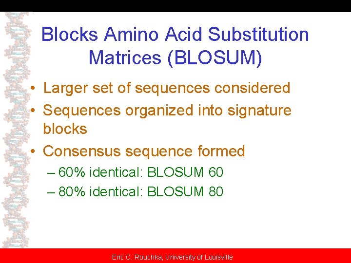 Blocks Amino Acid Substitution Matrices (BLOSUM) • Larger set of sequences considered • Sequences