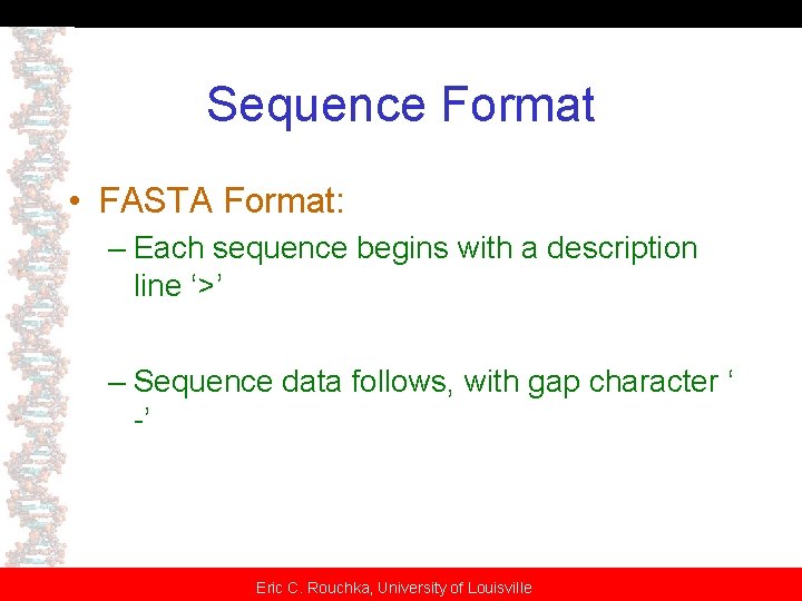 Sequence Format • FASTA Format: – Each sequence begins with a description line ‘>’