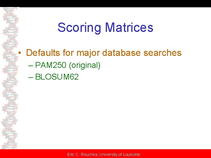 Scoring Matrices • Defaults for major database searches – PAM 250 (original) – BLOSUM