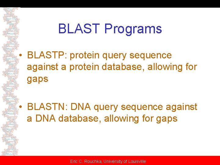 BLAST Programs • BLASTP: protein query sequence against a protein database, allowing for gaps