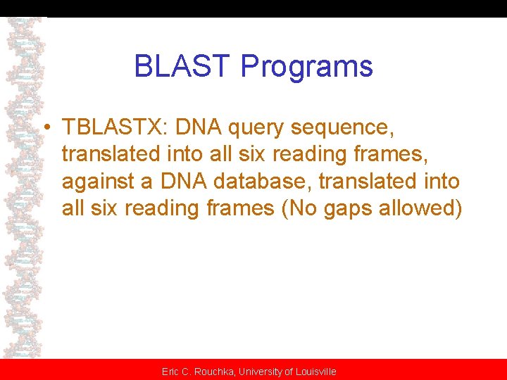 BLAST Programs • TBLASTX: DNA query sequence, translated into all six reading frames, against