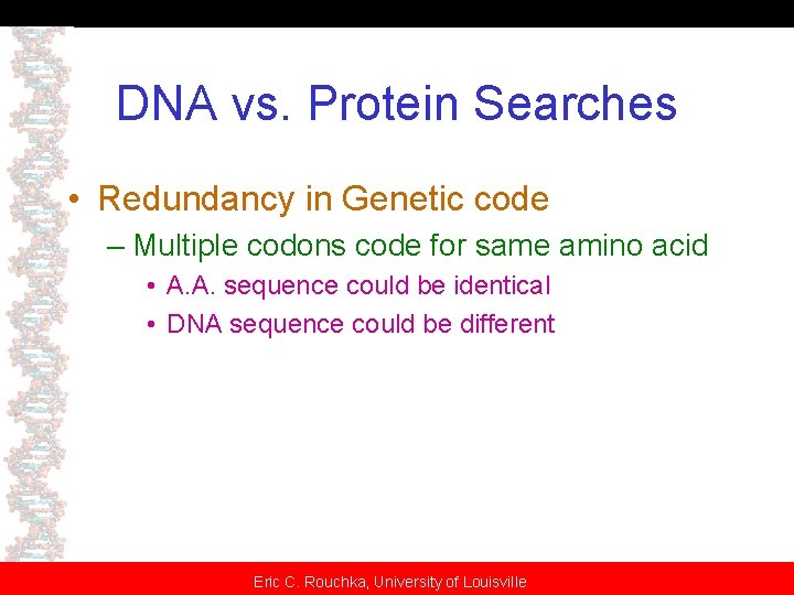 DNA vs. Protein Searches • Redundancy in Genetic code – Multiple codons code for