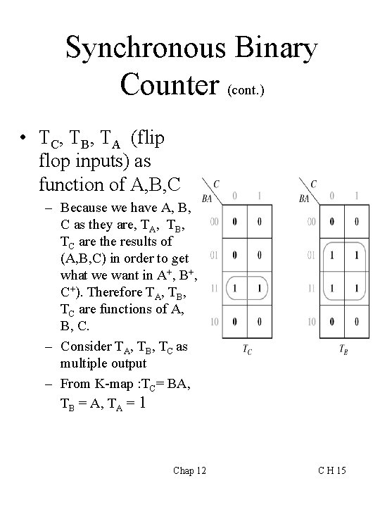 Synchronous Binary Counter (cont. ) • TC, TB, TA (flip flop inputs) as function