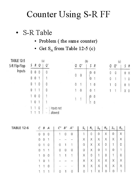 Counter Using S-R FF • S-R Table • Problem ( the same counter) •