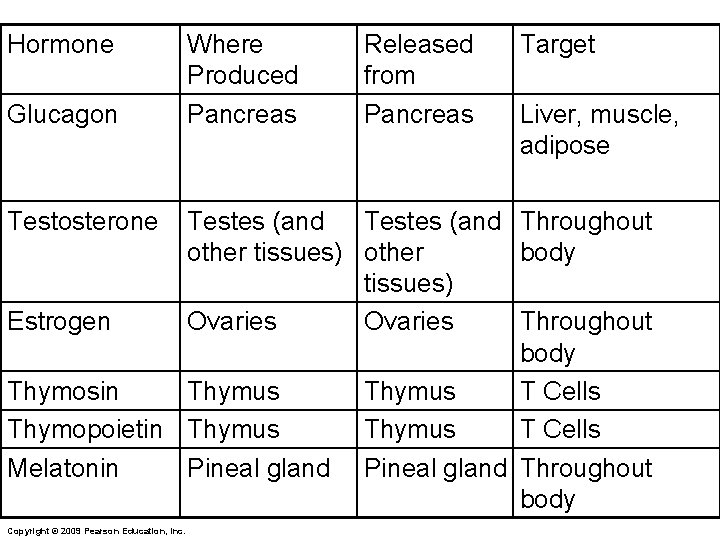 Hormone Glucagon Testosterone Where Produced Pancreas Released from Pancreas Target Liver, muscle, adipose Testes