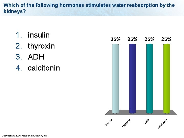 Which of the following hormones stimulates water reabsorption by the kidneys? 1. 2. 3.