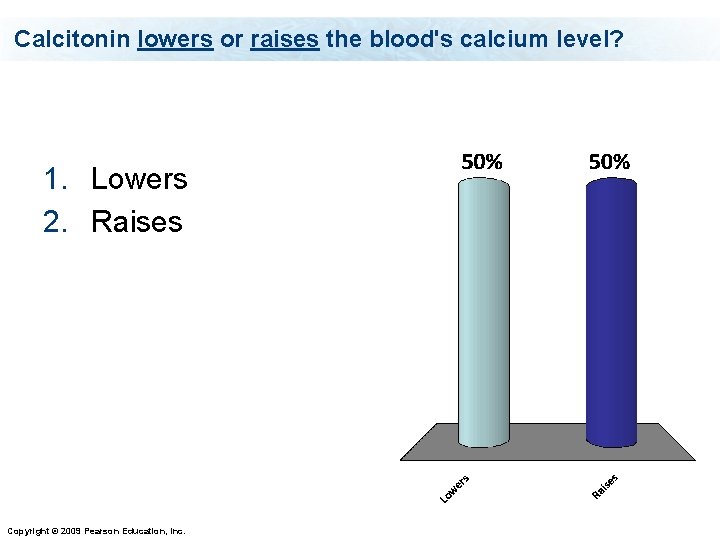 Calcitonin lowers or raises the blood's calcium level? 1. Lowers 2. Raises Copyright ©