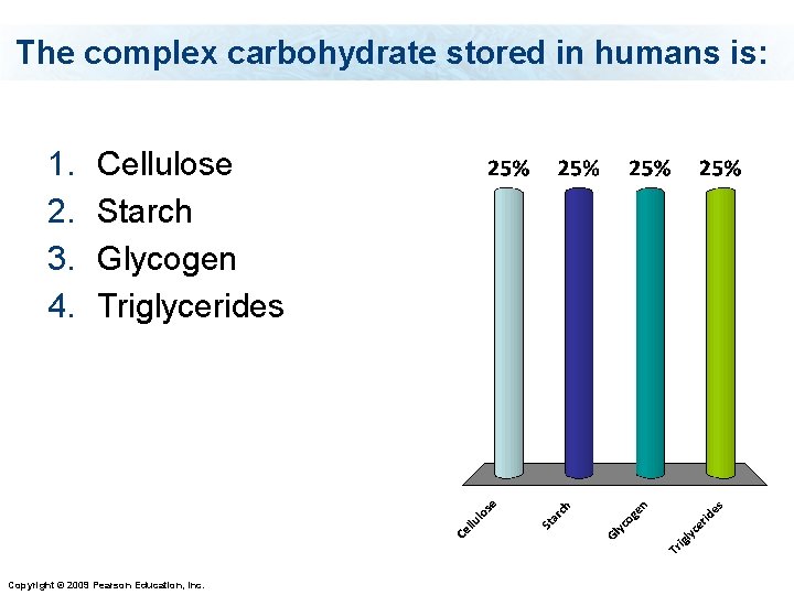 The complex carbohydrate stored in humans is: 1. 2. 3. 4. Cellulose Starch Glycogen