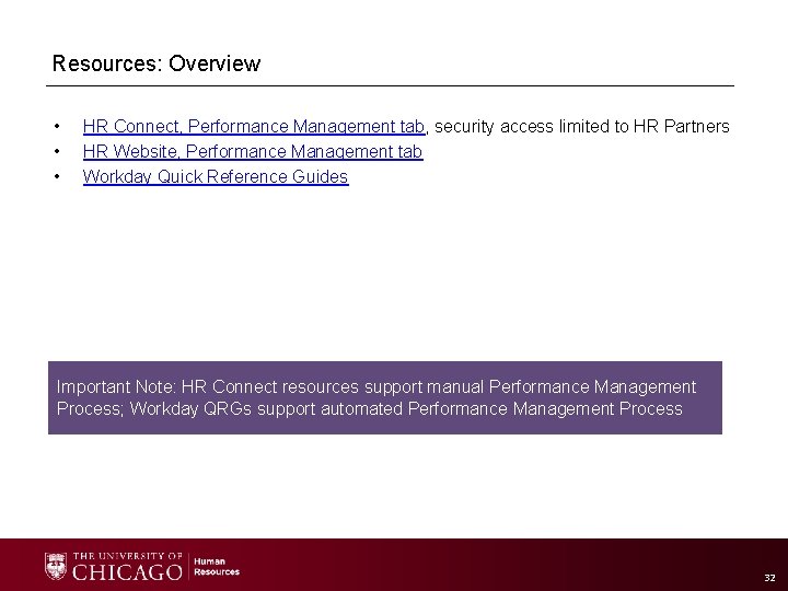 Resources: Overview • • • HR Connect, Performance Management tab, security access limited to