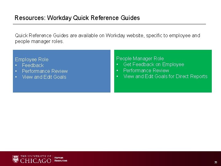 Resources: Workday Quick Reference Guides are available on Workday website, specific to employee and