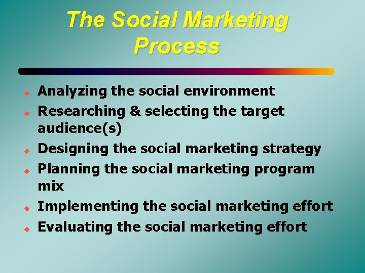 The Social Marketing Process u u u Analyzing the social environment Researching & selecting