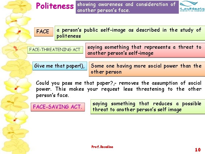 Politeness FACE showing awareness and consideration of another person’s face. a person’s public self-image