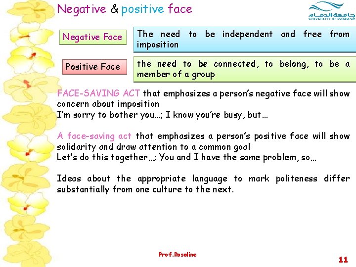 Negative & positive face Negative Face The need to be independent and free from