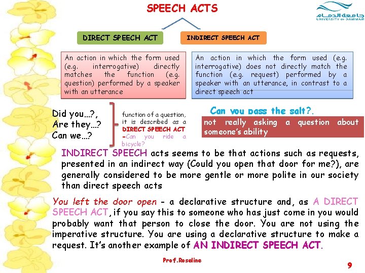 SPEECH ACTS DIRECT SPEECH ACT INDIRECT SPEECH ACT An action in which the form