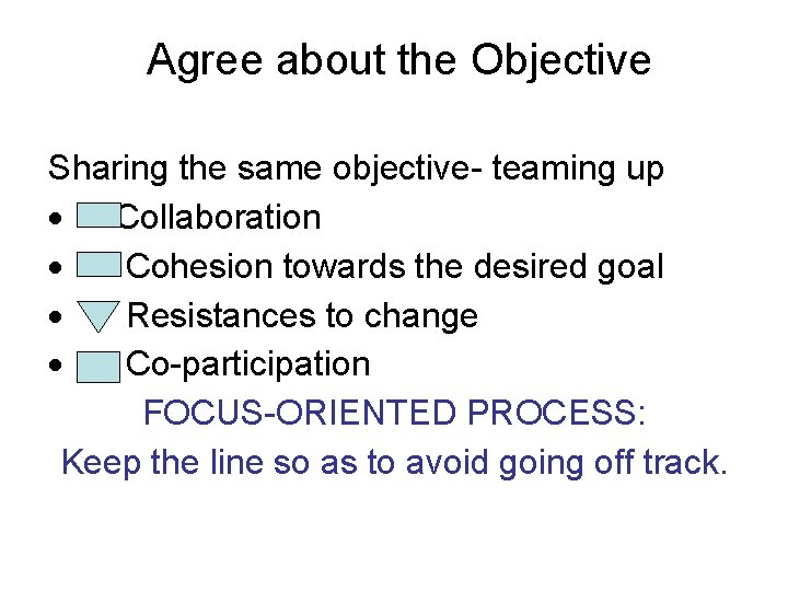 Agree about the Objective Sharing the same objective- teaming up Collaboration Cohesion towards the Agree about the Objective Sharing the same objective- teaming up Collaboration Cohesion towards the