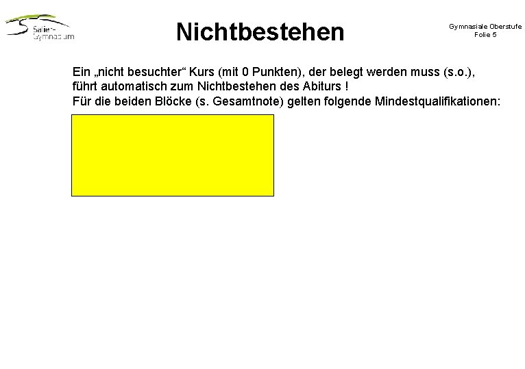 Nichtbestehen Gymnasiale Oberstufe Folie 5 Ein „nicht besuchter“ Kurs (mit 0 Punkten), der belegt Nichtbestehen Gymnasiale Oberstufe Folie 5 Ein „nicht besuchter“ Kurs (mit 0 Punkten), der belegt